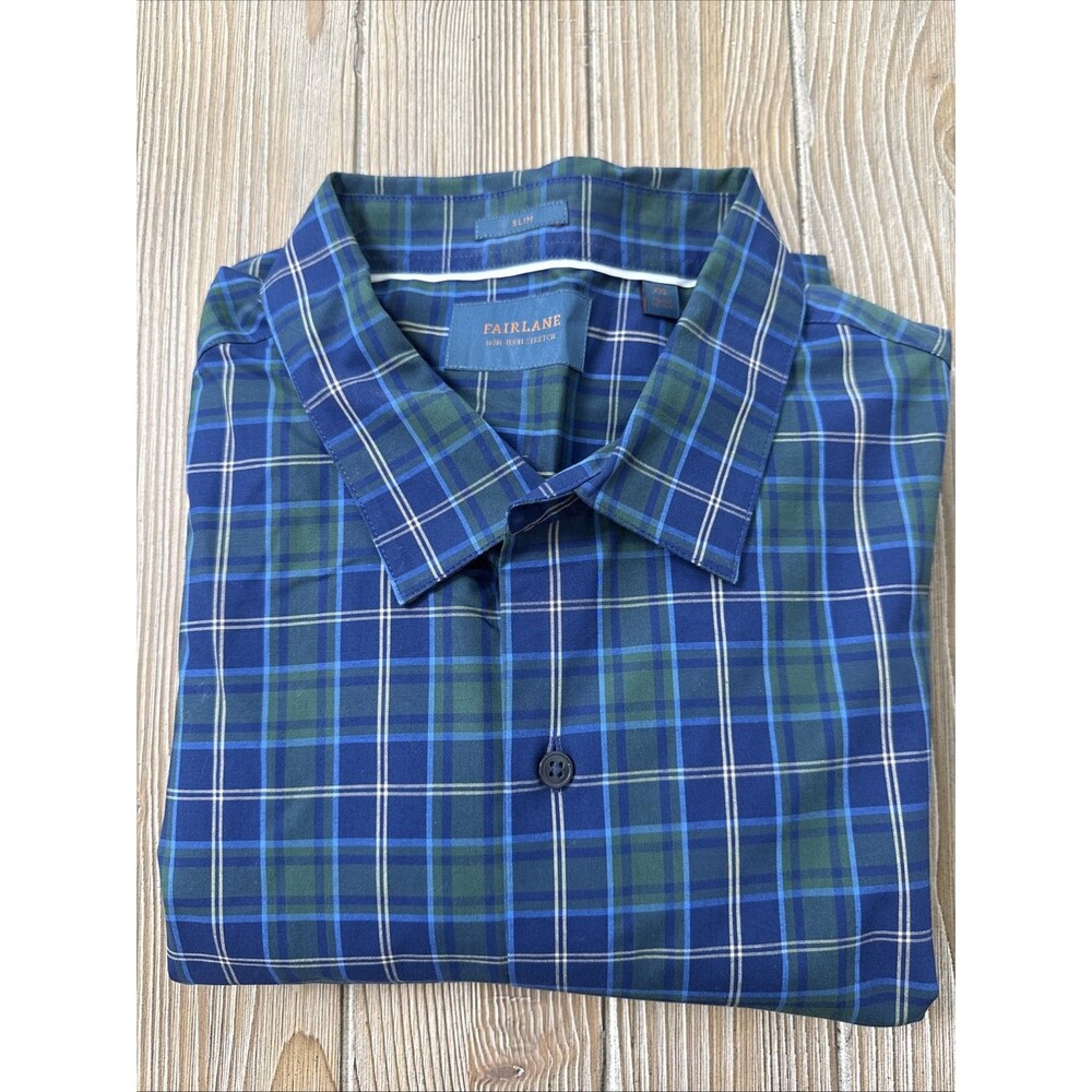Fairlane Non Iron Stretch Slim Green Blue Tartan Plaid Men’s Long Sleeve 2XL